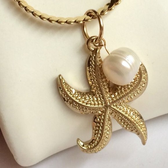 Starfish Pearl Necklace 23" Gold Plated Sea life Island Freshwater White - Picture 5 of 10